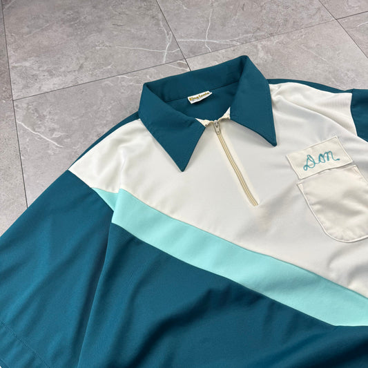70s-80s King Louie Chainstitch Green Color Block Bowling Shirt XL