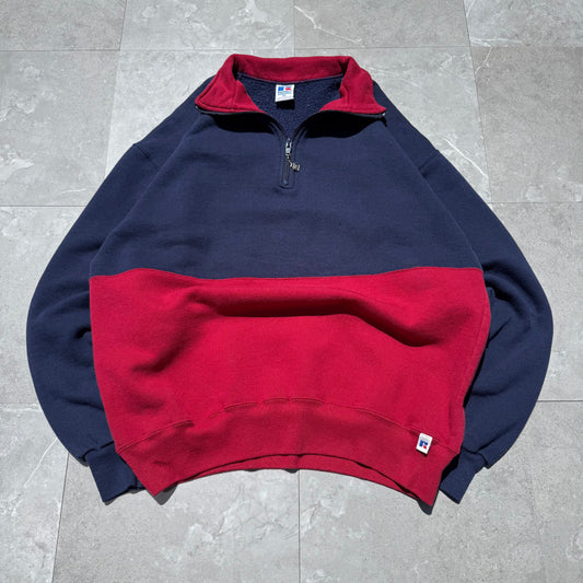 90s Russell Athletic Rare Made in USA Half-Zip Two Tone Navy/Red Sweatshirt KiiChain Clothing