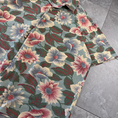 80s-90s Polo by Ralph Lauren Made in USA Green Floral Cotton Knit Open Collar Shirt