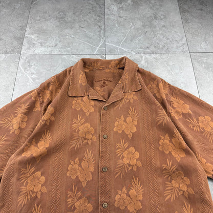 00s~ Tommy Bahama Brown Hibiscus 100% Silk Open Collar Shirt