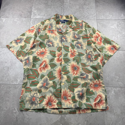 90s Polo by Ralph Lauren Green Cotton x Linen x Ramie Flower Open Collar Shirt XL