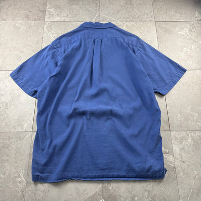 00s Polo by Ralph Lauren Curham Blue Linen x Cotton Open Collar Shirt L