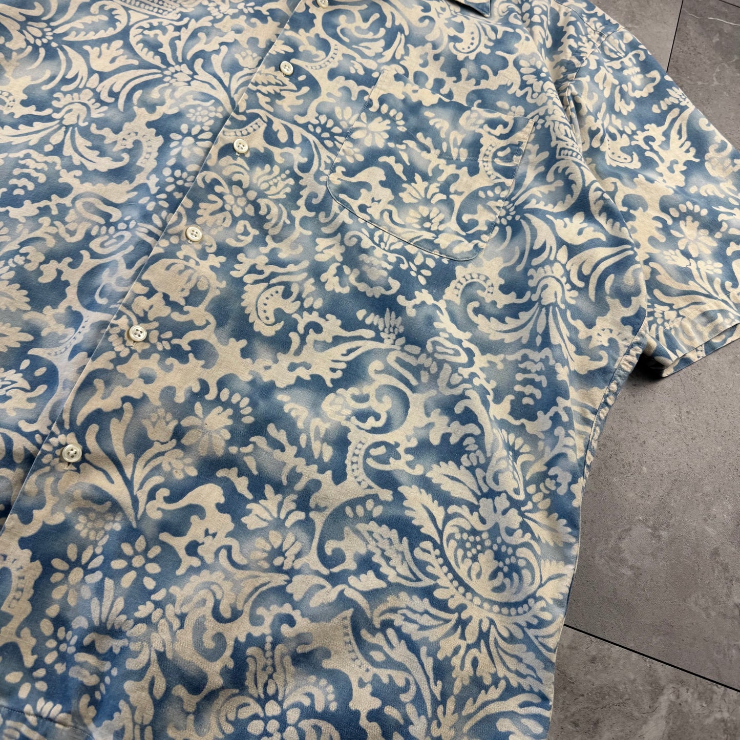 80s-90s Polo by Ralph Lauren Light Blue Paisley Cotton x Linen x Ramie Open Collar Shirt L