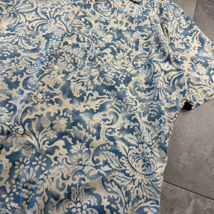 80s-90s Polo by Ralph Lauren Light Blue Paisley Cotton x Linen x Ramie Open Collar Shirt L