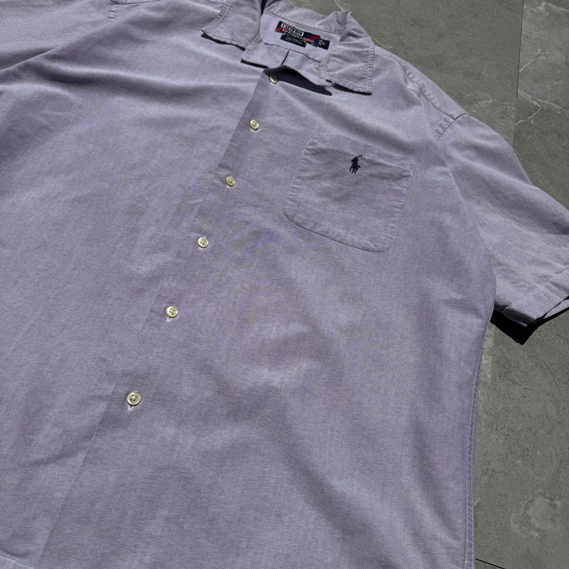 90s-00s Ralph Lauren Caldwell Purple Cotton Pocket Pony Open Collar Shirt KiiChain Clothing