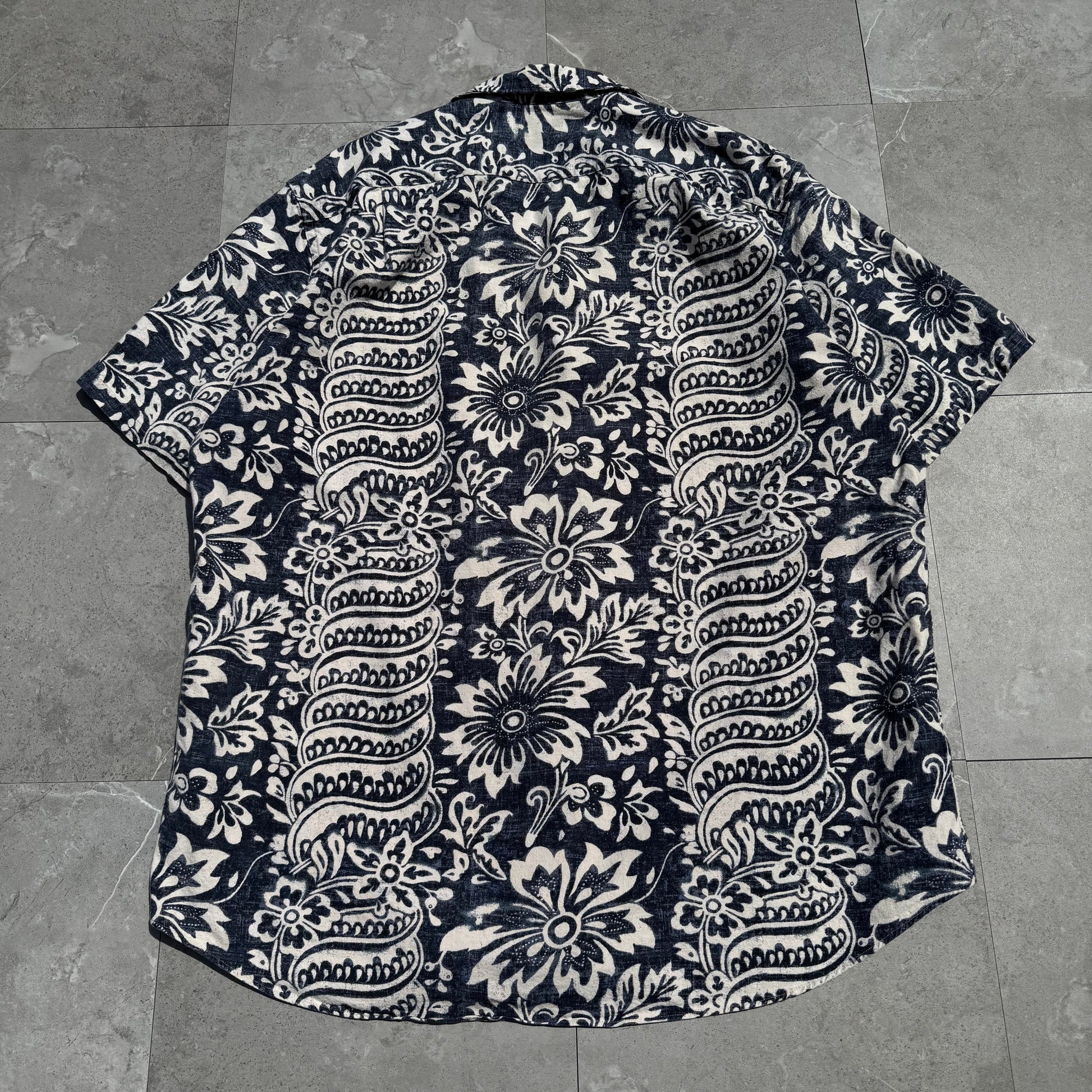 90s-00s Ralph Lauren Bonnard Black/Navy Paisley Linen x Cotton Open Collar Shirt KiiChain Clothing