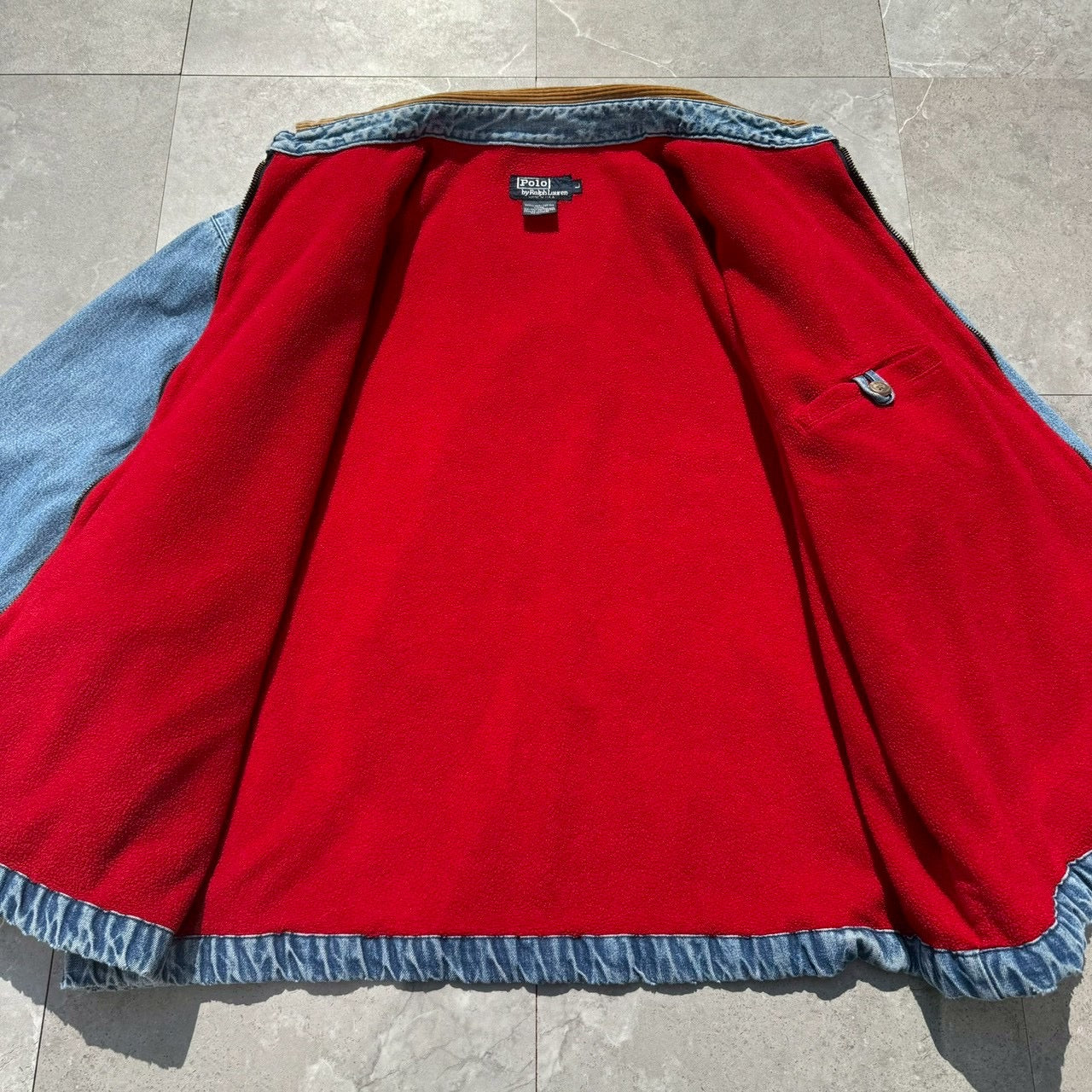 80s-90s Ralph Lauren Made in USA Red Fleece Lined Corduroy Collar Denim Swing Top Jacket