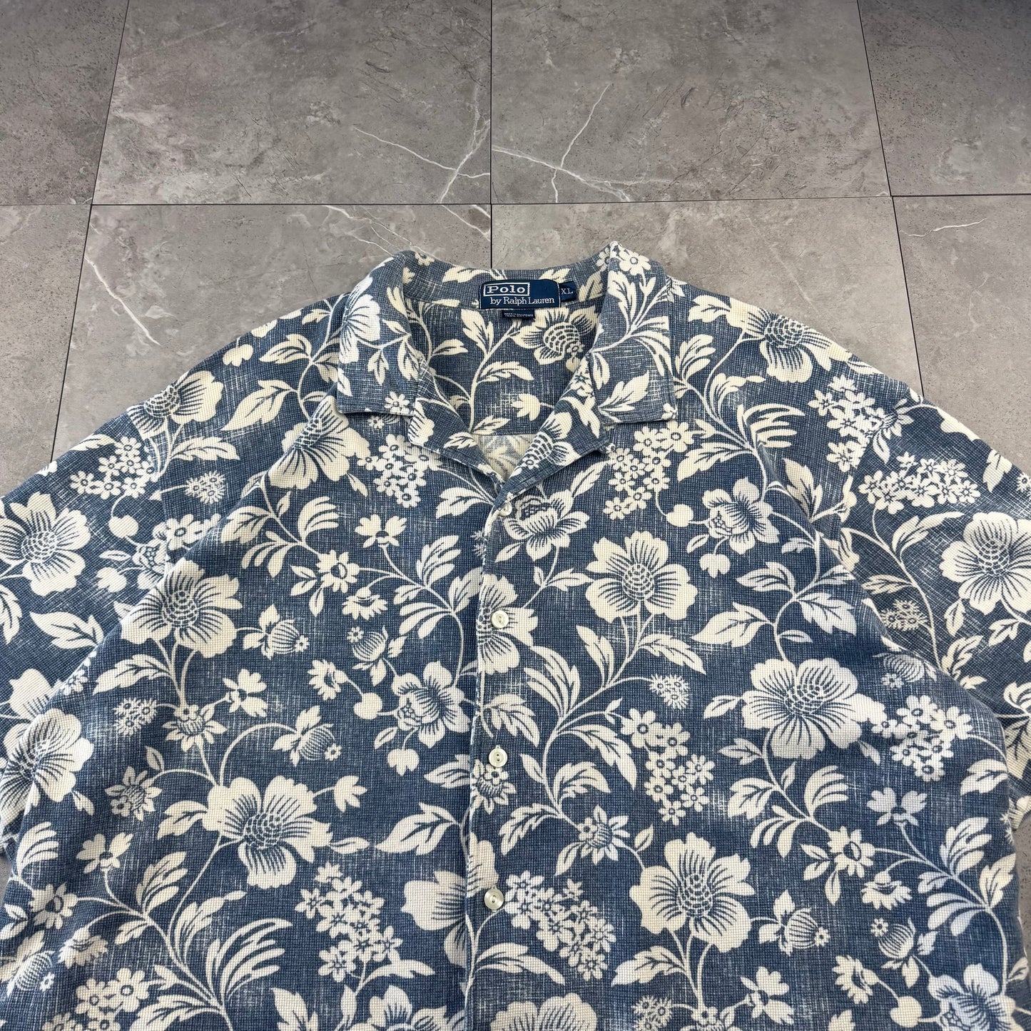 90s Polo by Ralph Lauren Blue Flower Knitted Open Collar Shirt XL