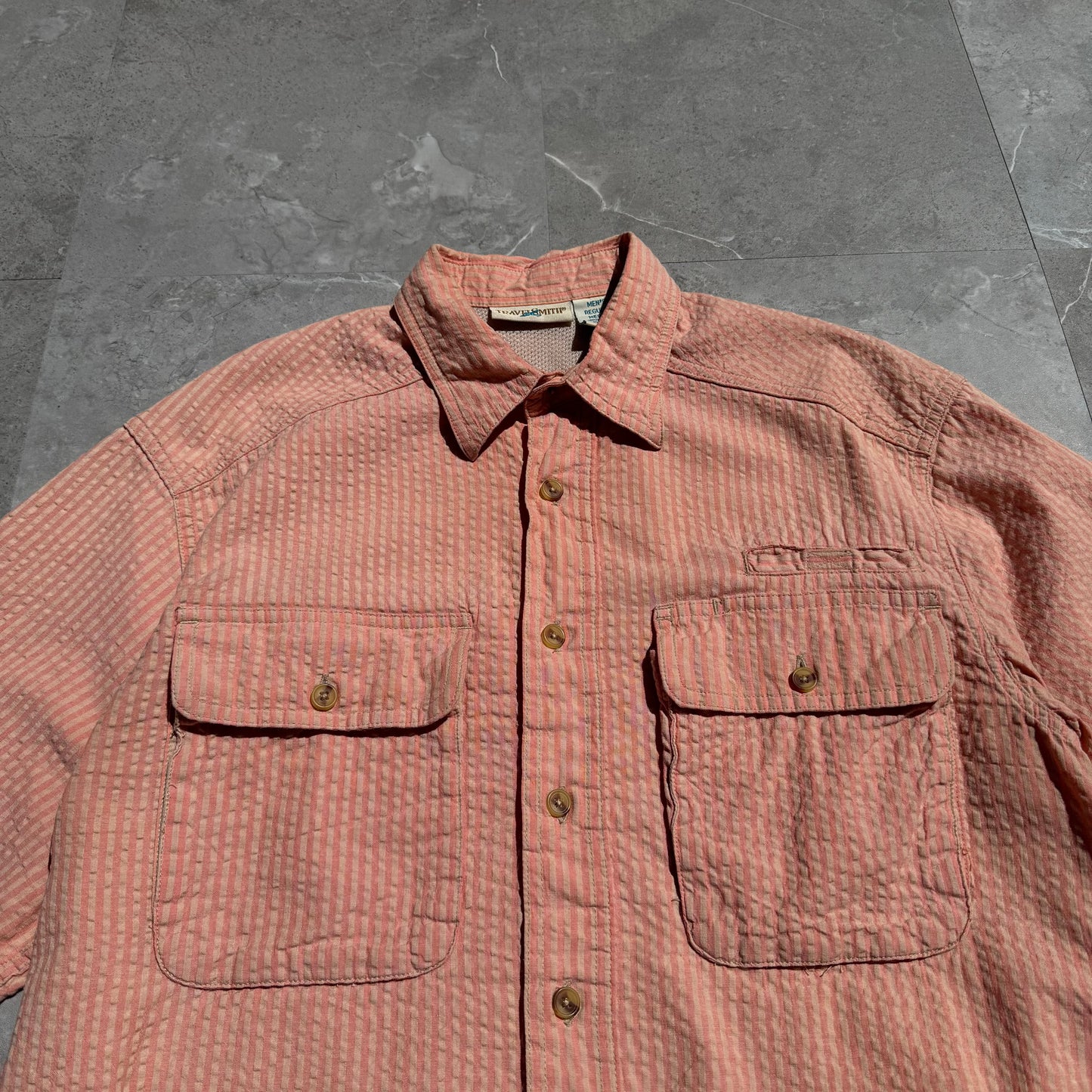 90s Travel Smith Salmon Pink Seersucker Dual Pocket Short Sleeve Shirt KiiChain Clothing