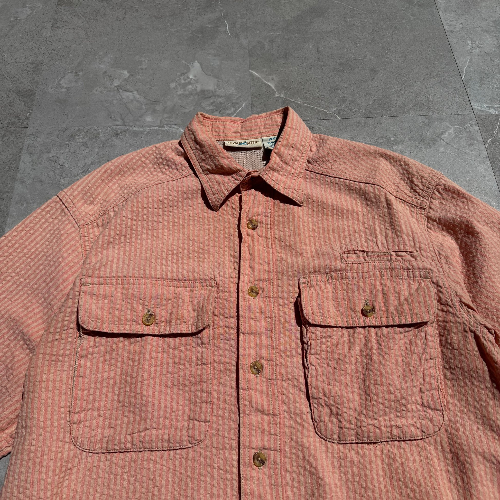 90s Travel Smith Salmon Pink Seersucker Dual Pocket Short Sleeve Shirt KiiChain Clothing