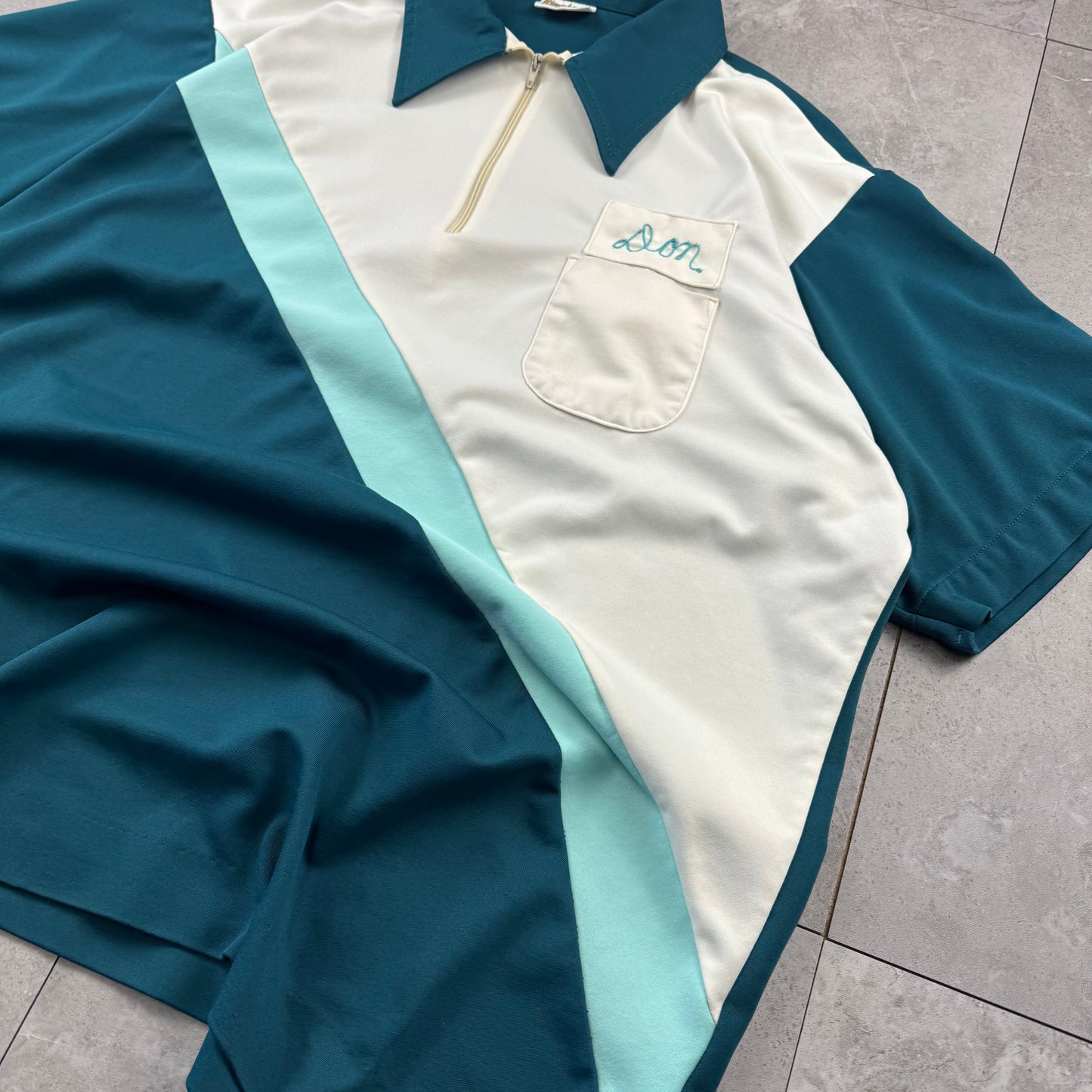 70s-80s King Louie Chainstitch Green Color Block Bowling Shirt XL