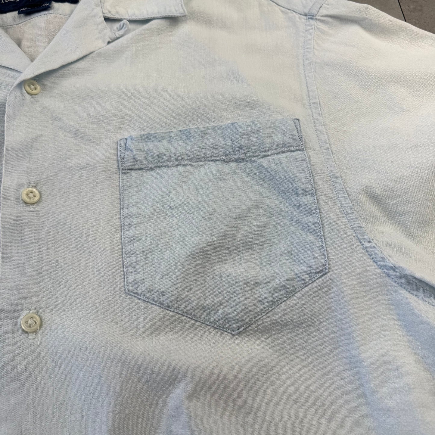 80s Ralph Lauren Faded Light Blue Sleeve Logo Open Collar Shirt Size 4