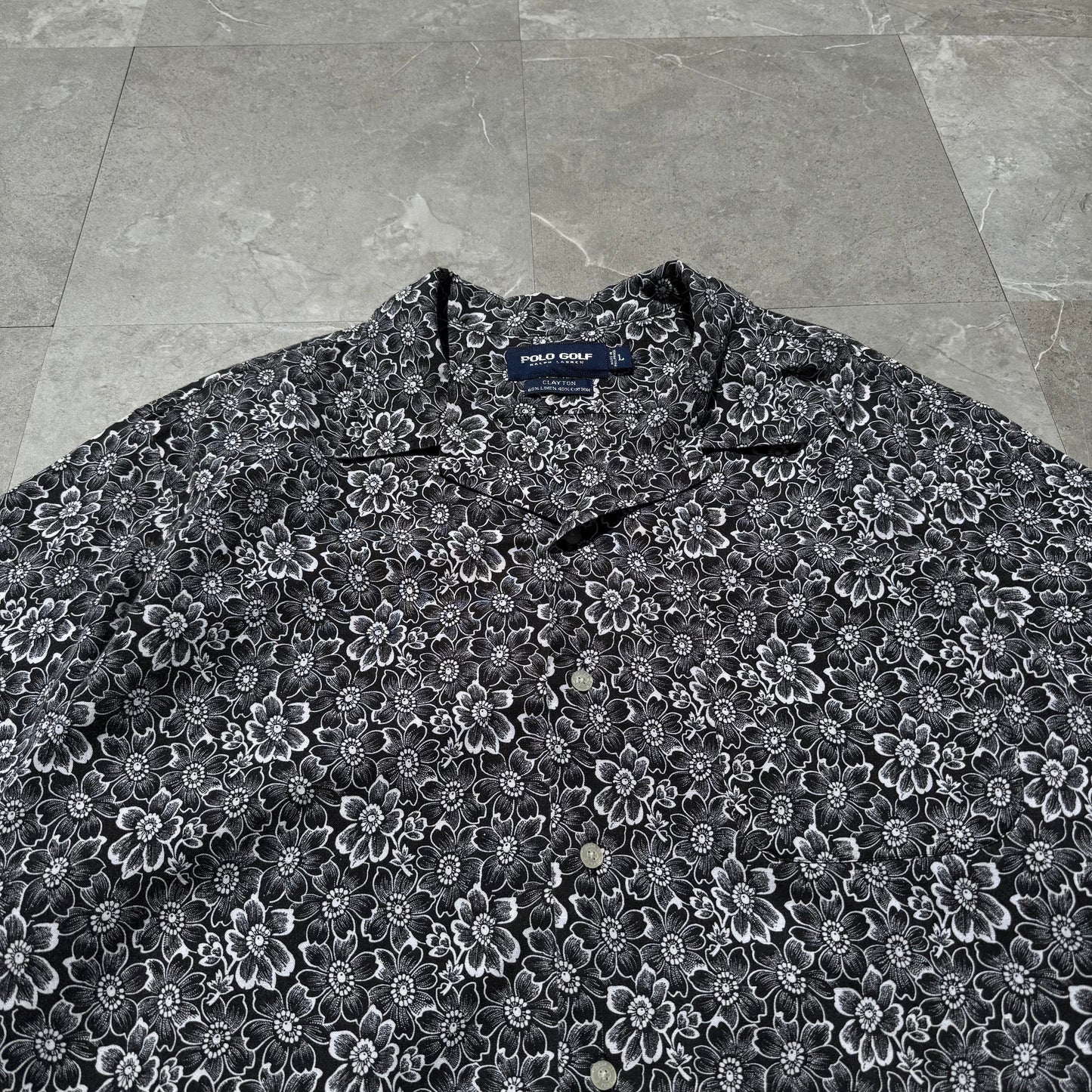 90s-00s Ralph Lauren Polo Golf Clayton Black Floral Linen x Cotton Open Collar Shirt KiiChain Clothing