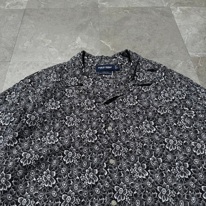 90s-00s Ralph Lauren Polo Golf Clayton Black Floral Linen x Cotton Open Collar Shirt KiiChain Clothing