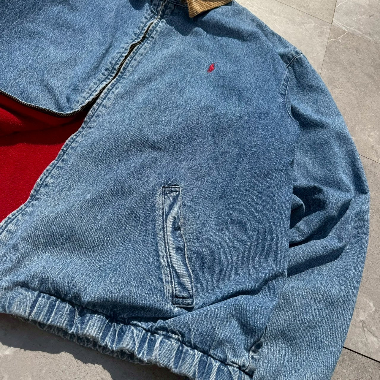 80s-90s Ralph Lauren Made in USA Red Fleece Lined Corduroy Collar Denim Swing Top Jacket