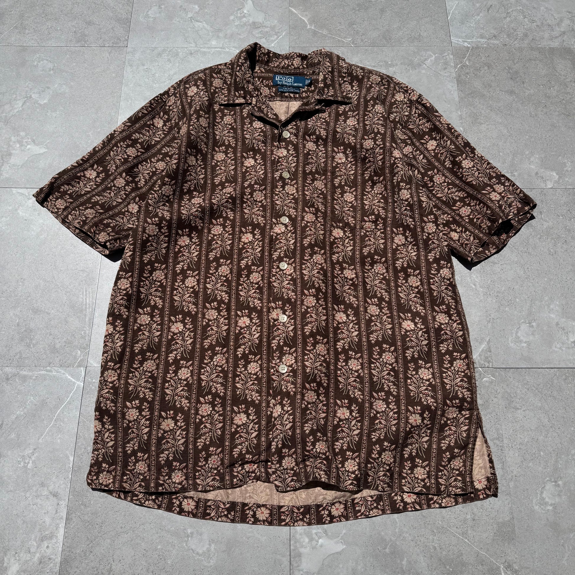 90s-00s Ralph Lauren Caldwell Silk x Linen Brown Floral Open Collar Shirt KiiChain Clothing