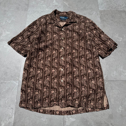 90s-00s Ralph Lauren Caldwell Silk x Linen Brown Floral Open Collar Shirt KiiChain Clothing