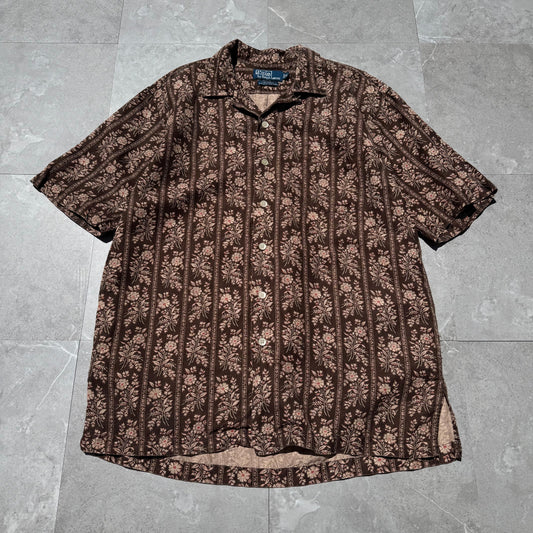 90s-00s Ralph Lauren Caldwell Silk x Linen Brown Floral Open Collar Shirt KiiChain Clothing