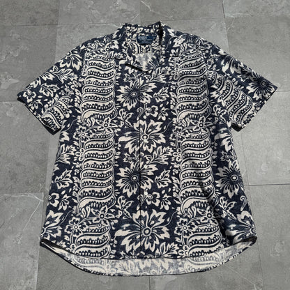 90s-00s Ralph Lauren Bonnard Black/Navy Paisley Linen x Cotton Open Collar Shirt KiiChain Clothing