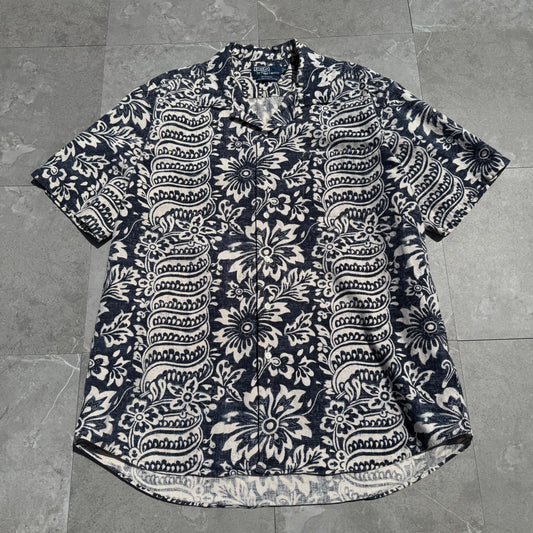 90s-00s Ralph Lauren Bonnard Black/Navy Paisley Linen x Cotton Open Collar Shirt KiiChain Clothing