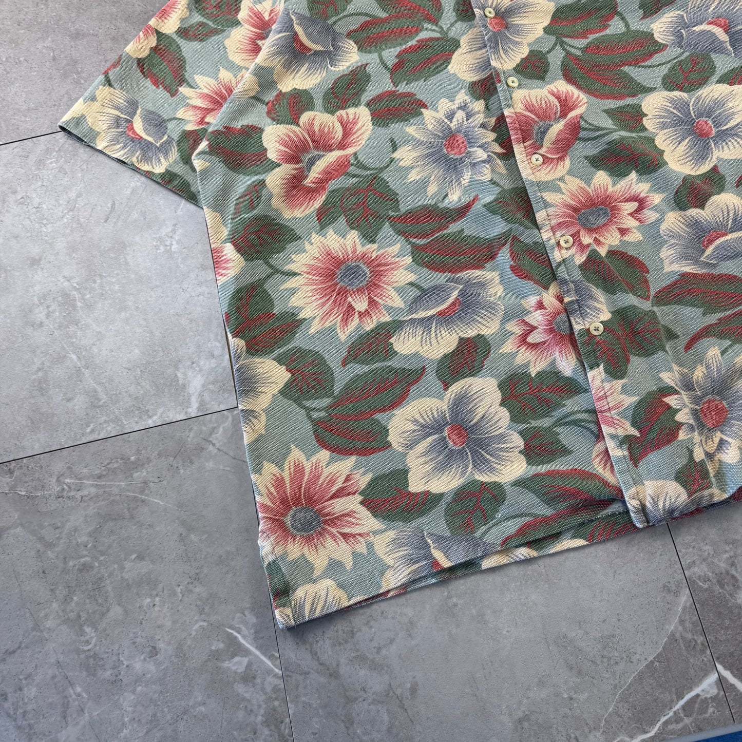 80s-90s Polo by Ralph Lauren Made in USA Green Floral Cotton Knit Open Collar Shirt