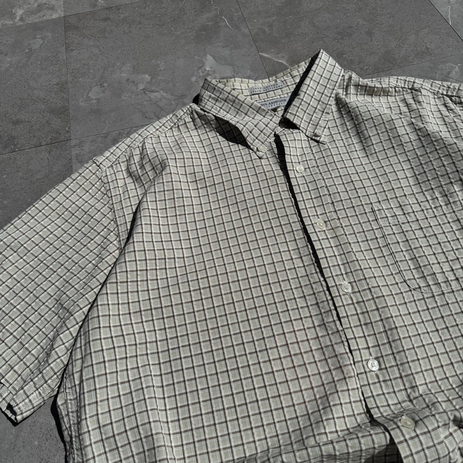 90s-00s John Ashford Cream Seersucker Checkered Cotton Short Sleeve Shirt KiiChain Clothing