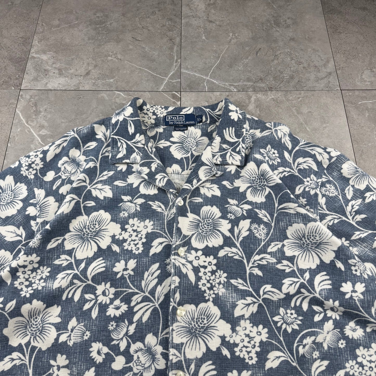 90s Polo by Ralph Lauren Navy Cotton Knit Floral Open Collar Shirt