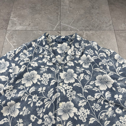 90s Polo by Ralph Lauren Navy Cotton Knit Floral Open Collar Shirt
