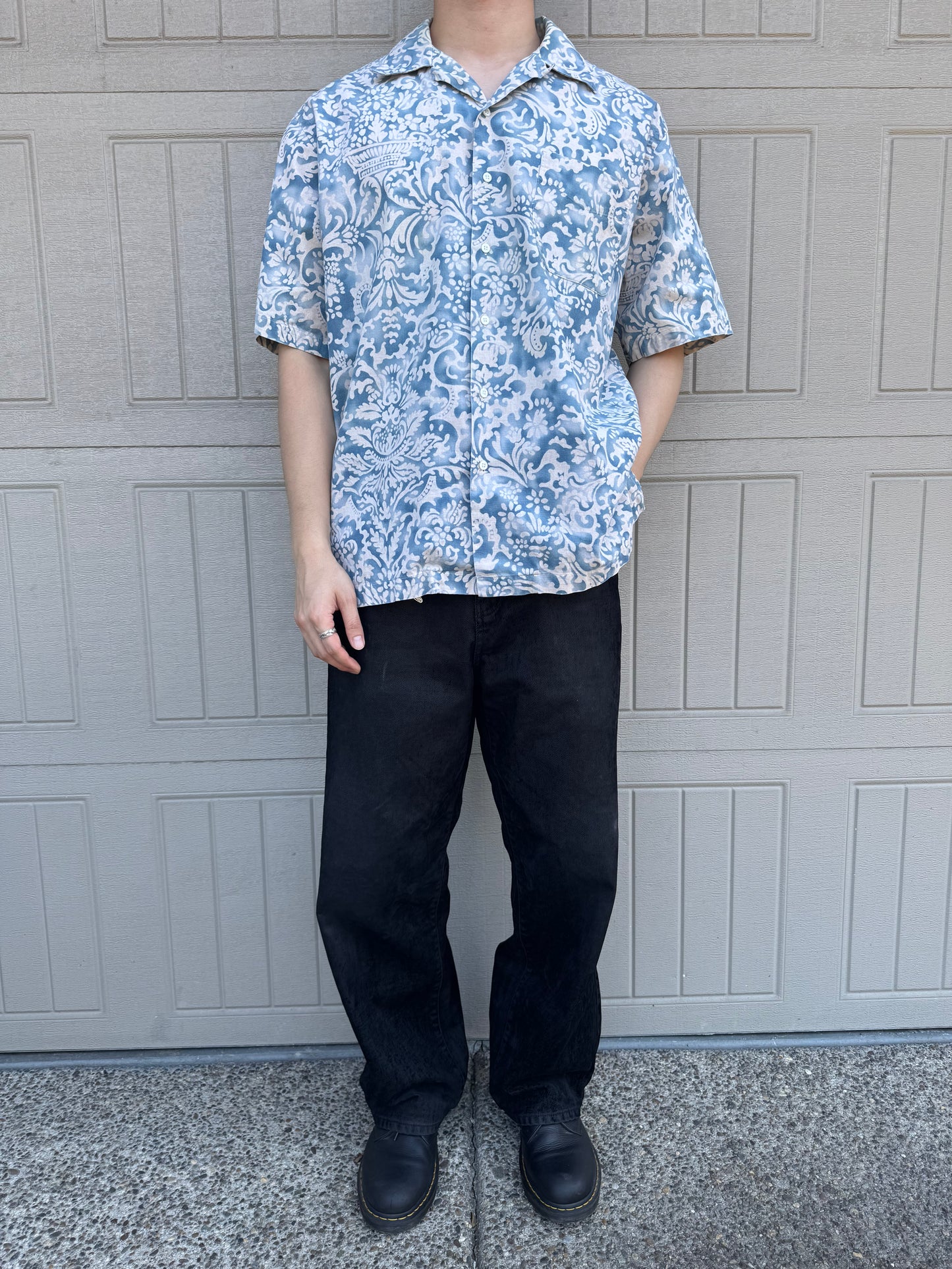 80s-90s Polo by Ralph Lauren Light Blue Paisley Cotton x Linen x Ramie Open Collar Shirt L