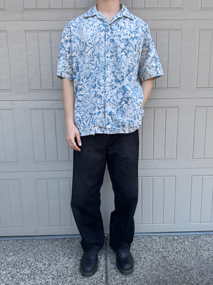 80s-90s Polo by Ralph Lauren Light Blue Paisley Cotton x Linen x Ramie Open Collar Shirt L