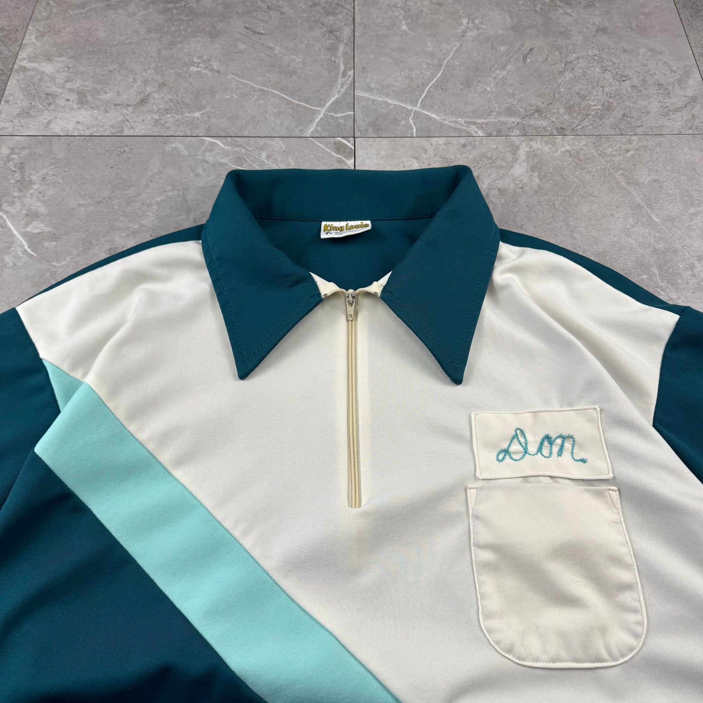 70s-80s King Louie Chainstitch Green Color Block Bowling Shirt XL