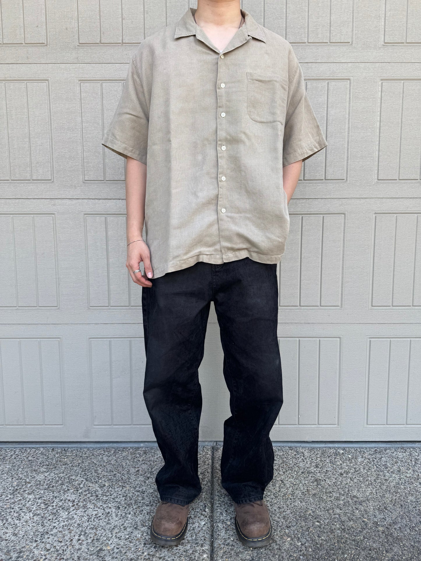 90s-00s Ralph Lauren “Clayton” Linen x Cotton No-Pony Beige Open Collar Shirt KiiChain Clothing
