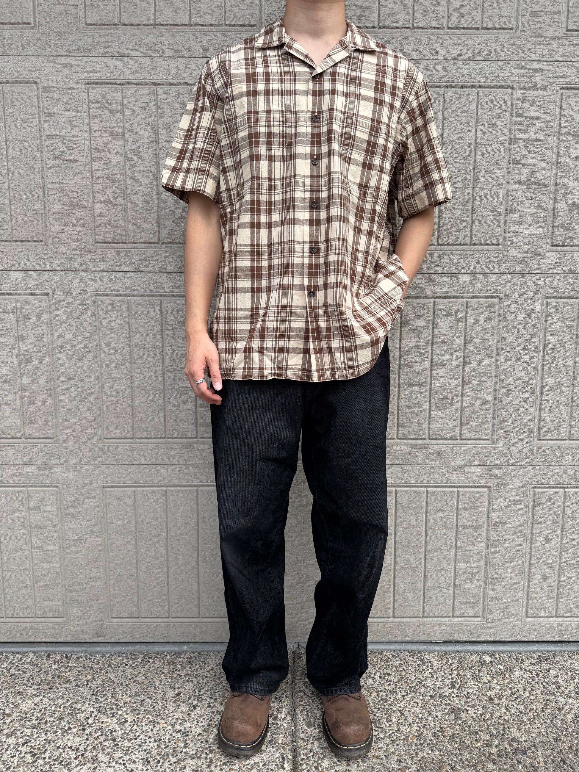 90s-00s Ralph Lauren Brown Checkered Cotton x Linen Open Collar Shirt KiiChain Clothing