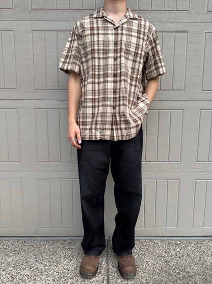 90s-00s Ralph Lauren Brown Checkered Cotton x Linen Open Collar Shirt KiiChain Clothing