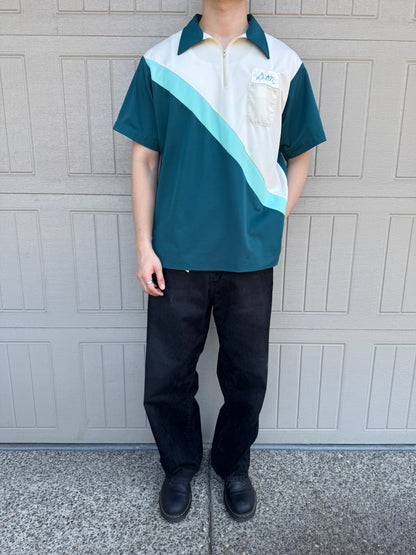 70s-80s King Louie Chainstitch Green Color Block Bowling Shirt XL