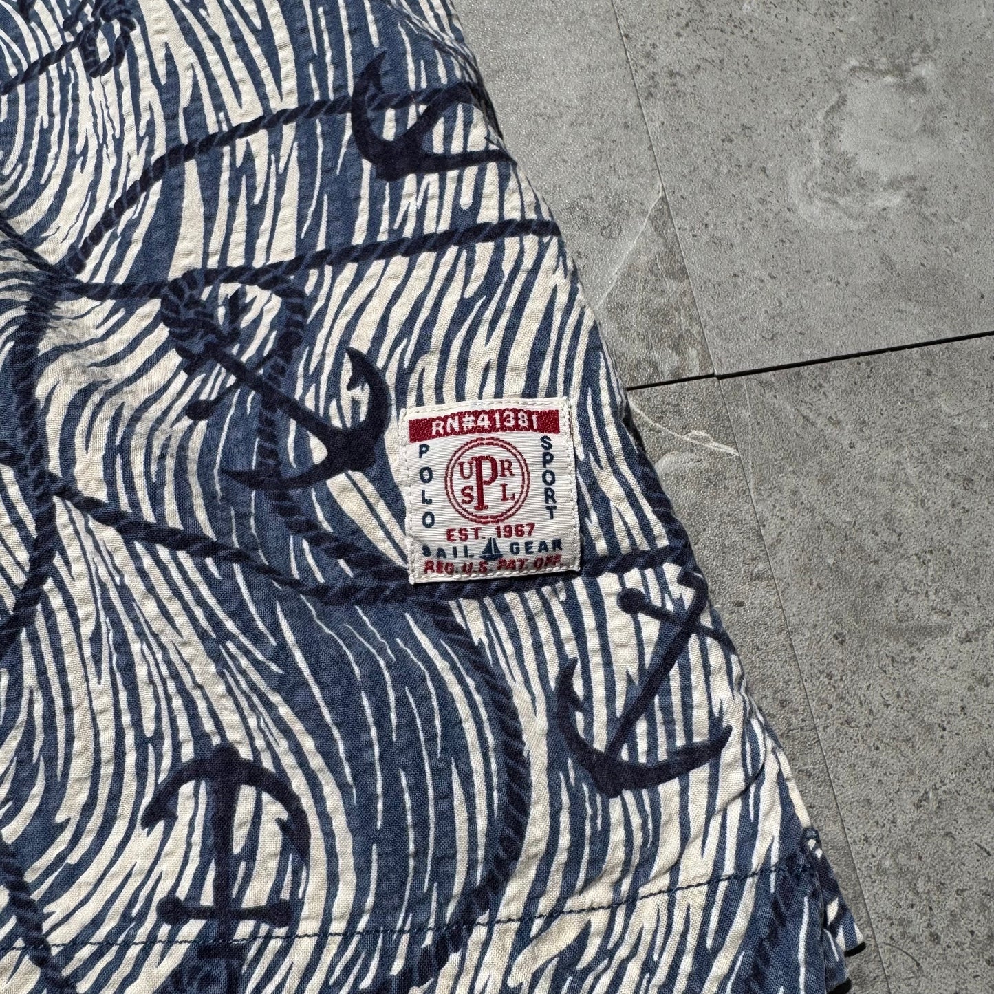 90s-00s Polo Sport Blue Anchor Graphic Seersucker Cotton Open Collar Shirt KiiChain Clothing
