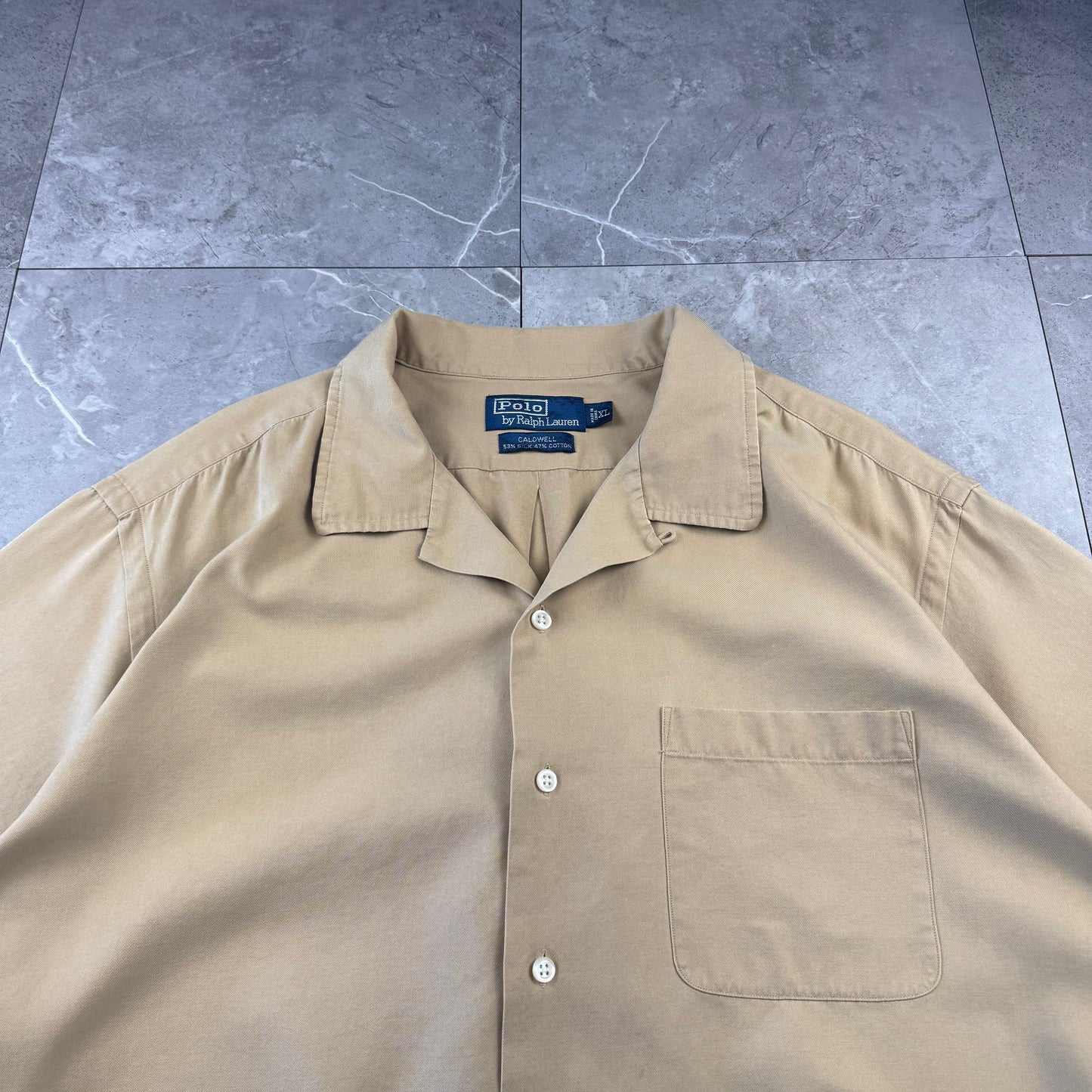 00s Polo by Ralph Lauren Caldwell No-Pony Beige Silk x Cotton Open Collar Shirt XL