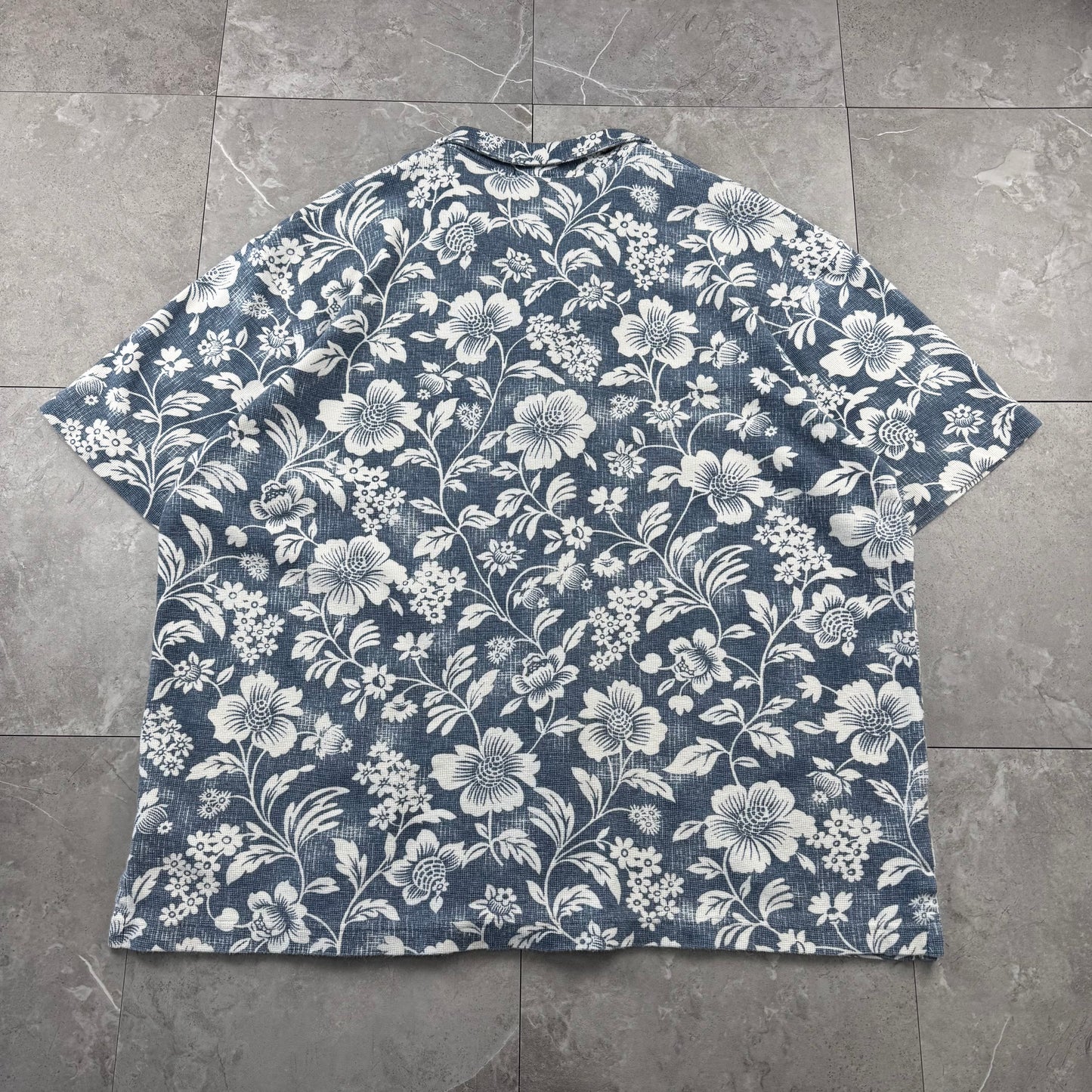 90s Polo by Ralph Lauren Navy Cotton Knit Floral Open Collar Shirt