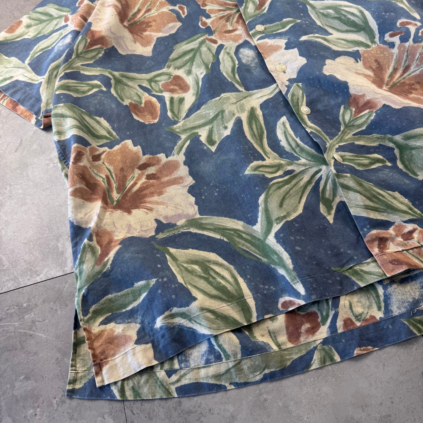 00s Polo by Ralph Lauren Vintage Camp Blue Flower Pattern Cotton x Linen Open Collar Shirt XL
