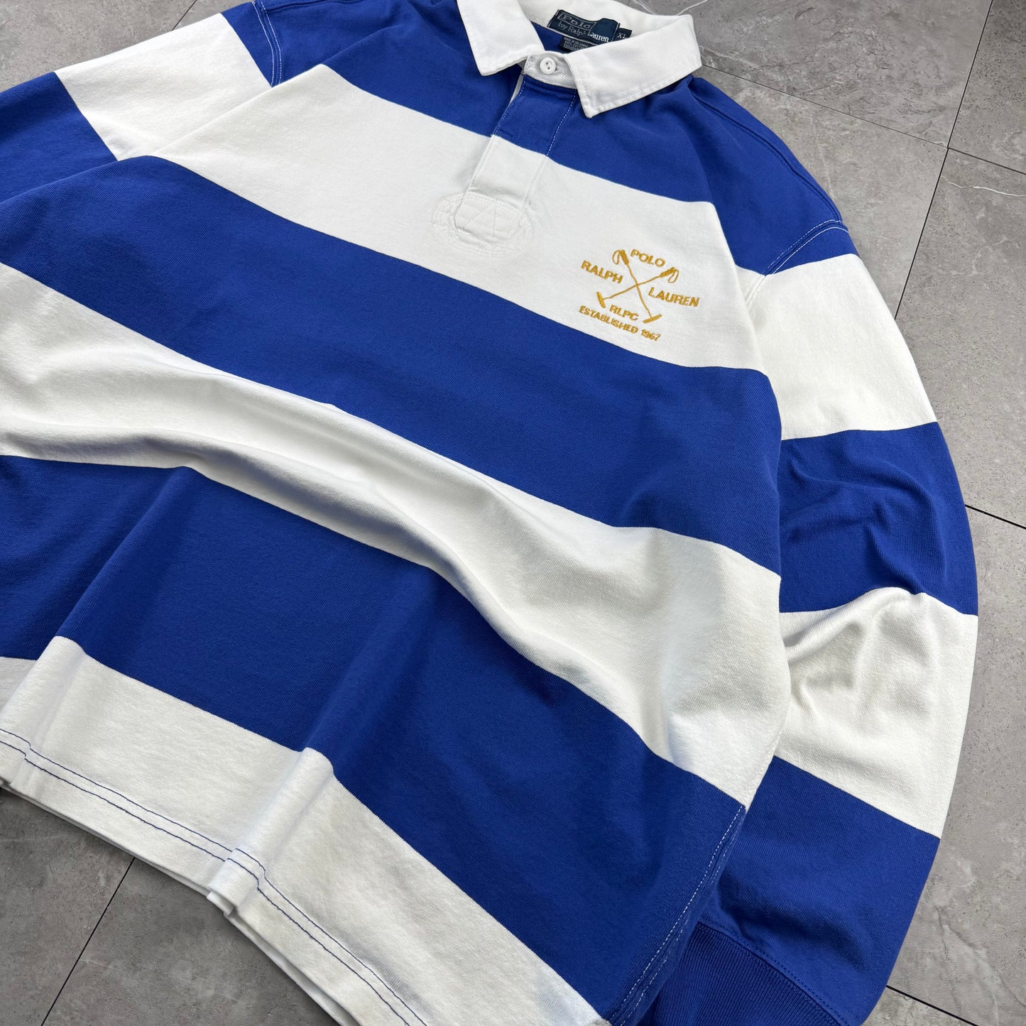 90s Polo by Ralph Lauren Blue & White Rugby Long Sleeve Polo