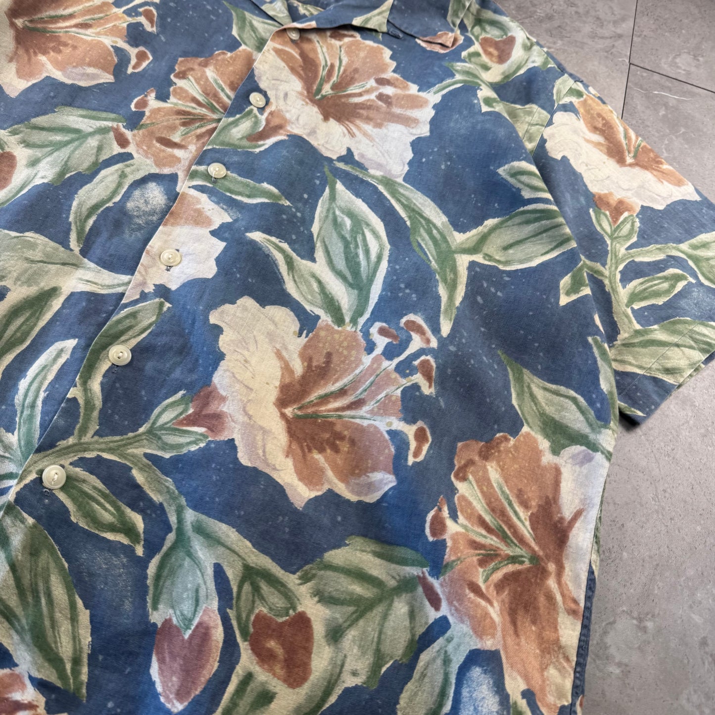 00s Polo by Ralph Lauren Vintage Camp Blue Flower Pattern Cotton x Linen Open Collar Shirt XL