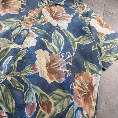 00s Polo by Ralph Lauren Vintage Camp Blue Flower Pattern Cotton x Linen Open Collar Shirt XL