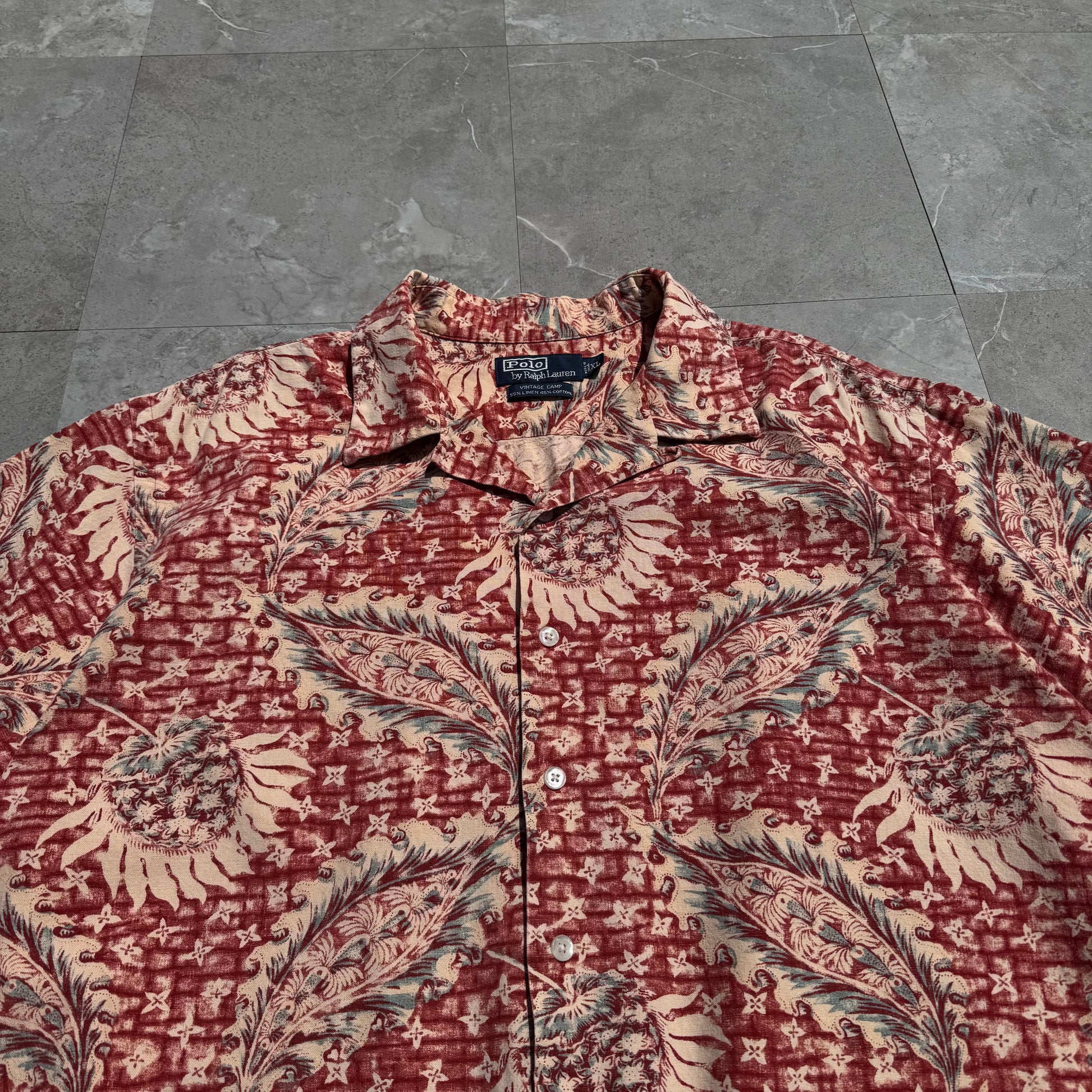 90s-00s Ralph Lauren Vintage Camp Linen x Cotton Leaf Open Collar Shirt KiiChain Clothing