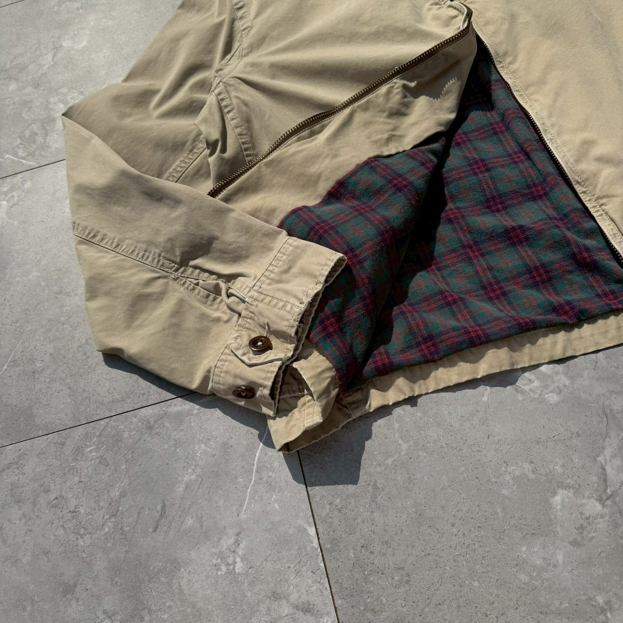 90s-00s Ralph Lauren Beige Flannel Lined Action Pleats Swing Top Jacket