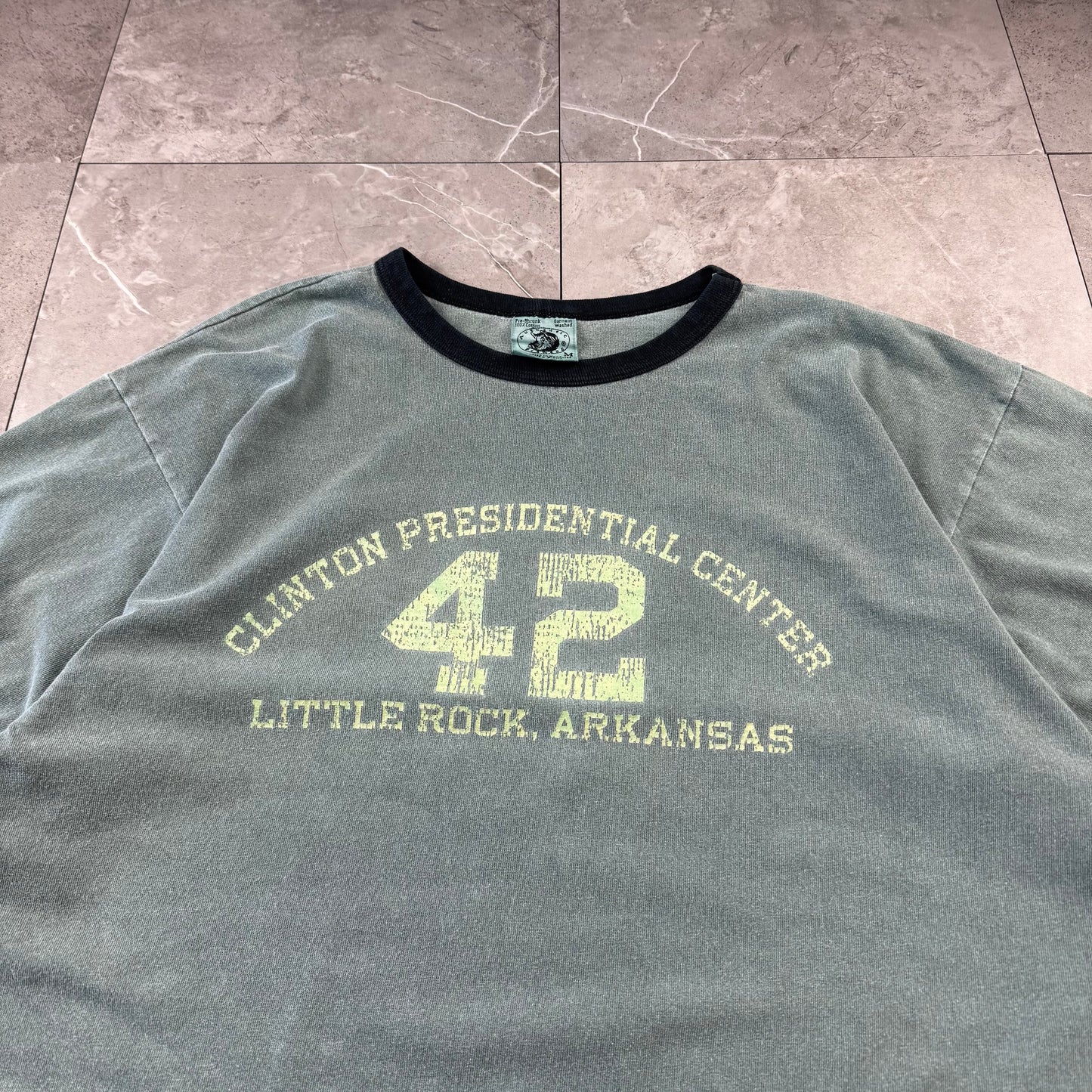 90s Authentic Pigment Clinton Presidential Center 42 Little Rock, Arkansas Faded Green Ringer T-Shirt