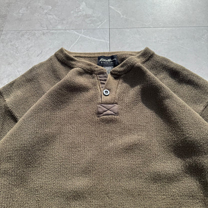 00s Eddie Bauer Made in UK Olive Green/khaki Henley Neck Cotton Knit