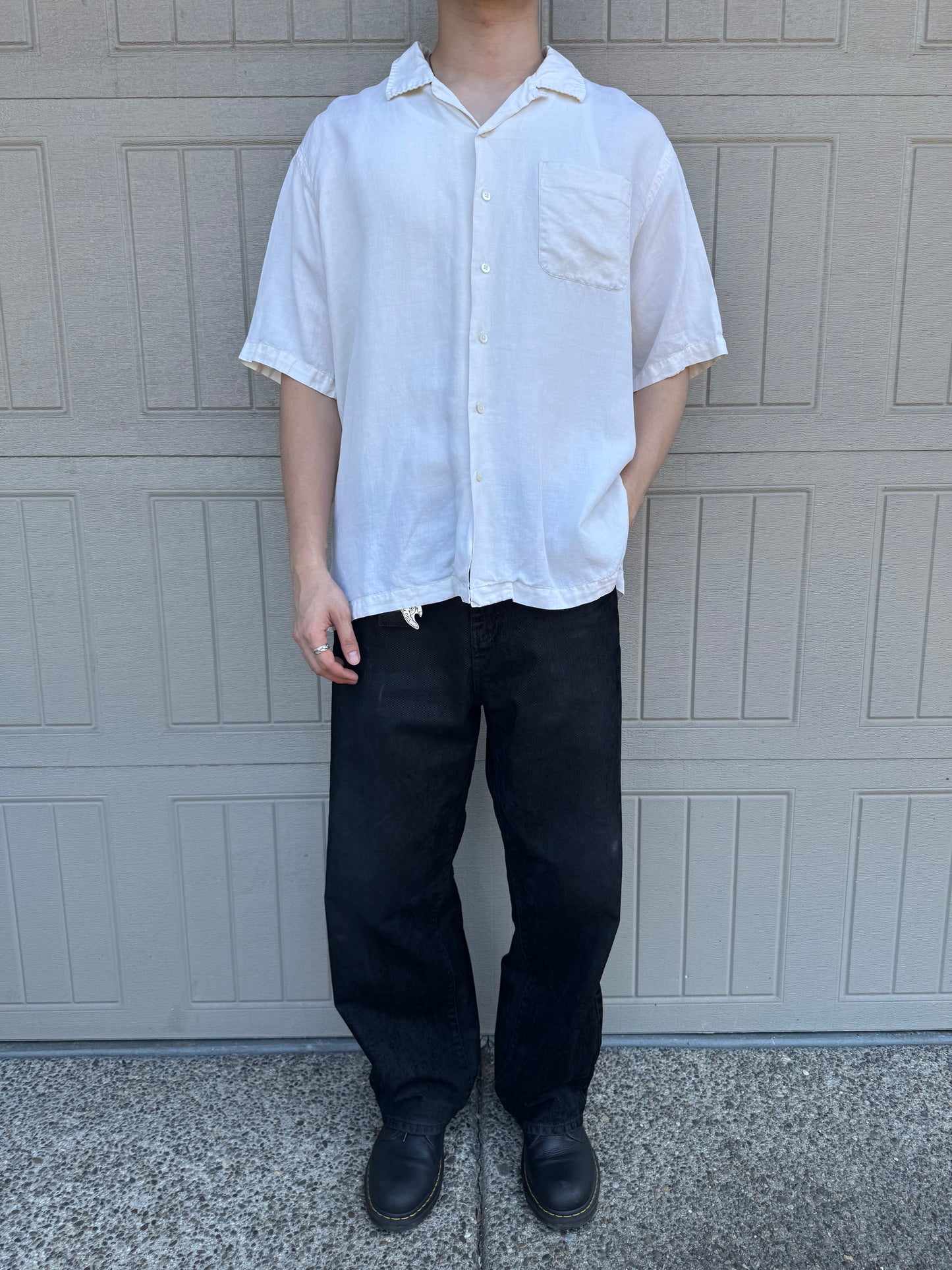 90s Polo by Ralph Lauren White Linen x Silk Open Collar Shirt XL