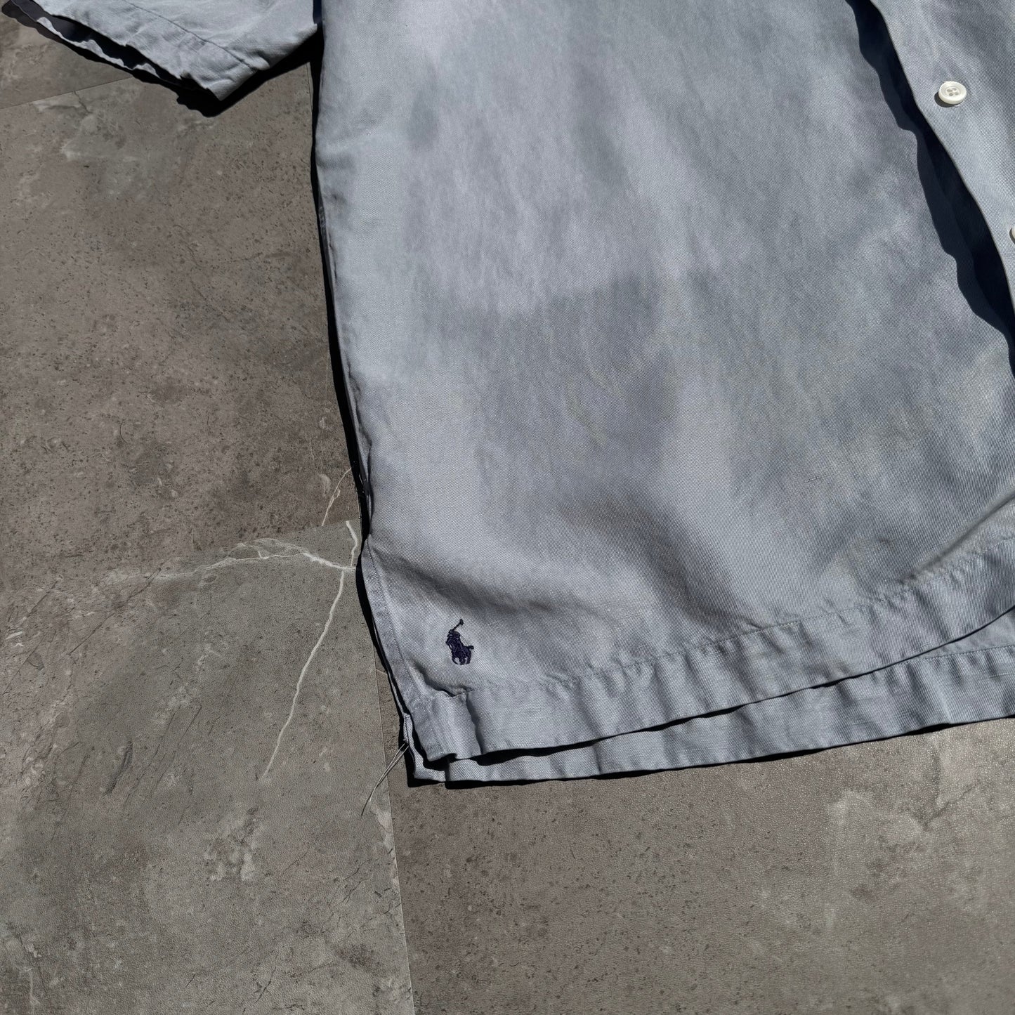 90s-00s Ralph Lauren “Caldwell” Light Blue/Gray Silk x Linen Open Collar Shirt KiiChain Clothing