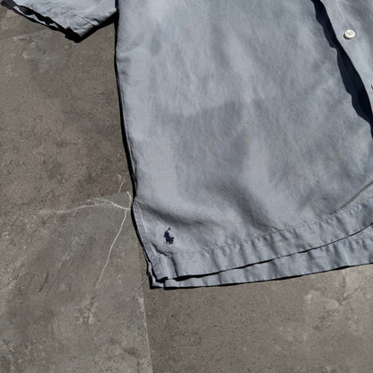 90s-00s Ralph Lauren “Caldwell” Light Blue/Gray Silk x Linen Open Collar Shirt KiiChain Clothing