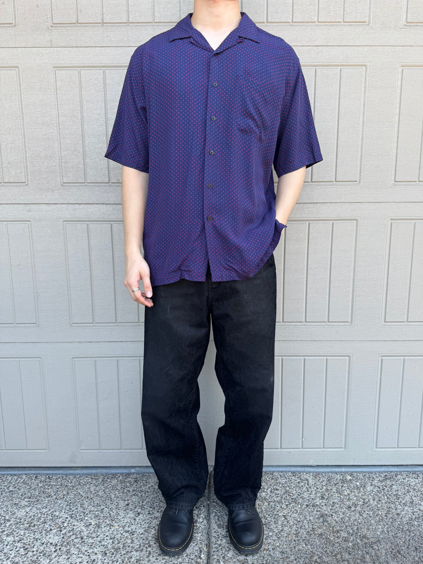 00s Polo by Ralph Lauren Clayton Purple Dot Pattern Rayon Open Collar Shirt M